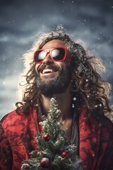 Portrait of a handsome man with long curly hair and beard in red sunglasses holding Christmas tree
