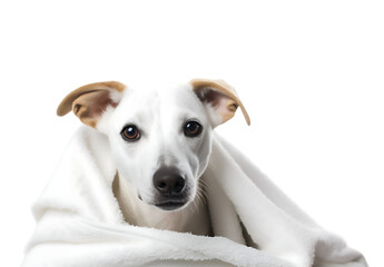 Cute wet Whippet puppy dog after bath is sitting wrapped in an white towel, isolated on transparent...