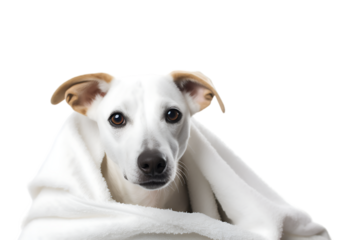 Cute wet Whippet puppy dog after bath is sitting wrapped in an white towel, isolated on transparent background