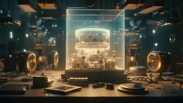 An intertwined pile of mechanical components and wires arranged around a large boxy glass monitor emitting a pale white glow and a drone of speakers.