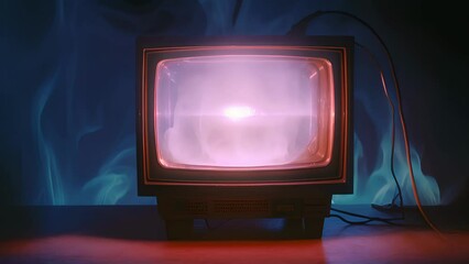 An old magnetized CRT television sitting atop a steel pedestal plugged into a generator for power. The face of the television is an array of blinking LED lights pulsating