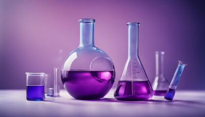 purple glass flask in blue research chemistry science banner laboratory background