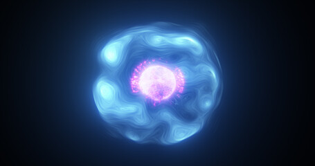 Abstract blue purple energy glowing digital sphere atom made of iridescent energy from moving electric plasma liquid on black background