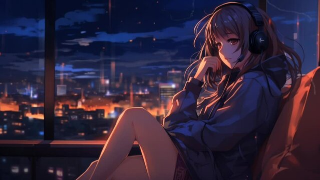 Anime girl sitting alone in a room with city night lights in the background, feeling lonely and sad. Loop Animation Video For Lofi Music and live wallpaper. Generated with AI