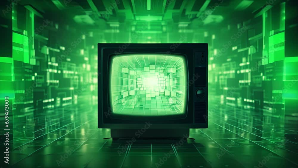 Poster an oldfashioned squareshaped tv with large silver s across the front panel and a glowing green on li