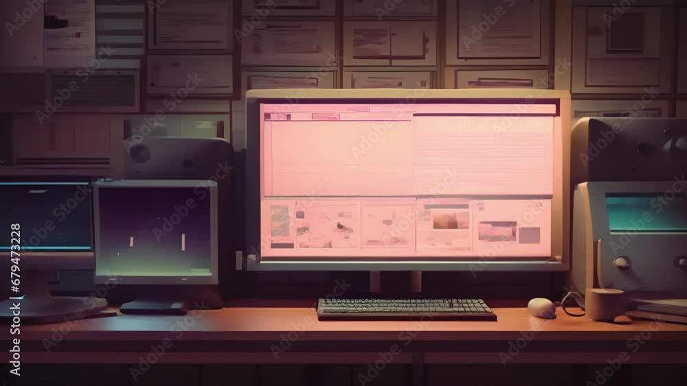 Poster a 90s style office with an old style monitor with a rounded corner screen and dot matrix text