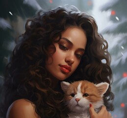 Beautiful young woman with long curly hair and cat,  Portrait of a girl with a cat