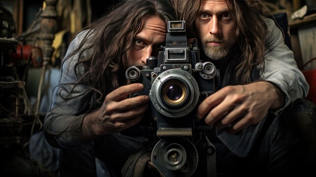 Two young photographers behind their camera are taking photos together