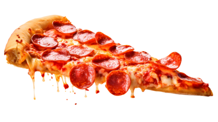 Template with delicious tasty slice of pepperoni pizza flying isolated on transparent background.