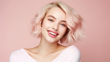 Portrait of a happy young female model with short blonde hair