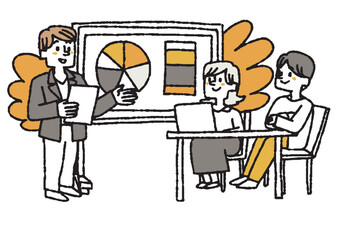 会話をして仕事を進めるビジネスチームのイラスト　コミカルな手書きの人物　ベクター、線画にカラー