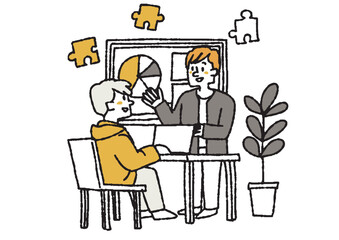 会話をして仕事を進めるビジネスチームのイラスト　コミカルな手書きの人物　ベクター、線画にカラー