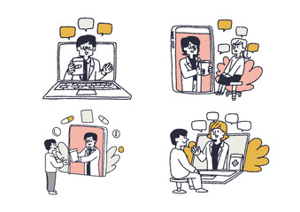 インターネットで薬を処方してもらう人物のイラストセッ　コミカルな手書きの人物　ベクター、線画にカラー