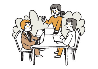 会話をして仕事を進めるビジネスチームのイラスト　コミカルな手書きの人物　ベクター、線画にカラー