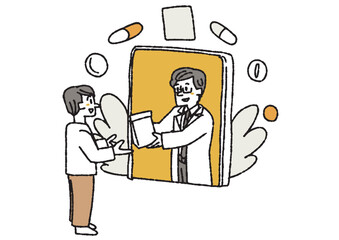 インターネットで薬を処方してもらう人物　コミカルな手書きの人物　ベクター、線画にカラー