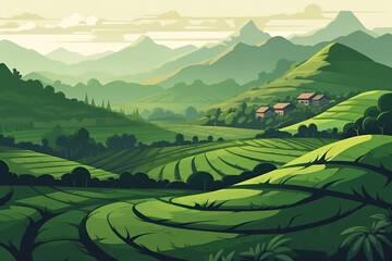 Obraz premium Green tea plantation landscape vector illustration. Cartoon flat rural farmland fields, terraced farmer tea plantation, hills with greenery and mountain on horizon. Asian agricultur