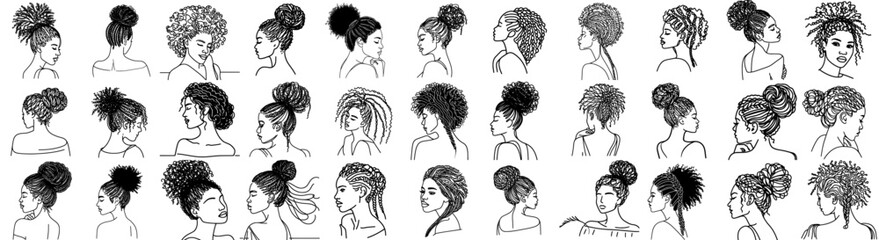 set of one-line drawings : afro braids and hairstyles diversity	 - obrazy, fototapety, plakaty