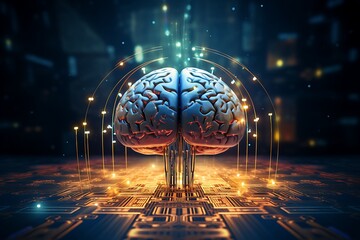 Human brain with circuit board and lights on background. 3d render - obrazy, fototapety, plakaty