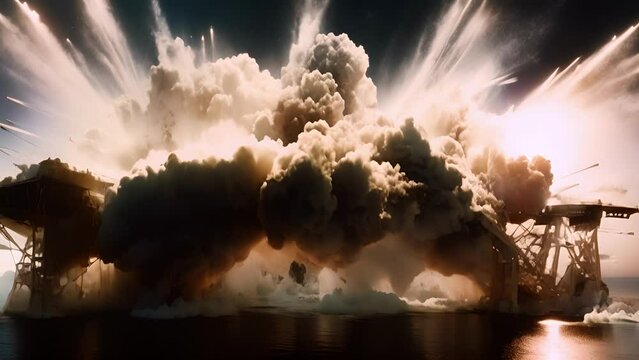 A thunderous explosion demolishes a bridge, causing it to collapse in on itself and plunge into the water below.