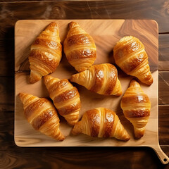 Croissants on a cutting board on a wooden background, top view