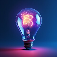 Glowing electric lightbulb on blue background. 3D rendering lamp