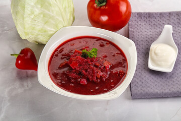 Borsch soup with cabbage and beetroot