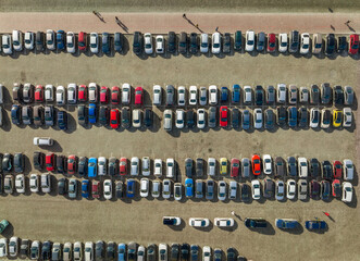 Obraz premium Open air big parking for residents of the area, top aerial view from high.