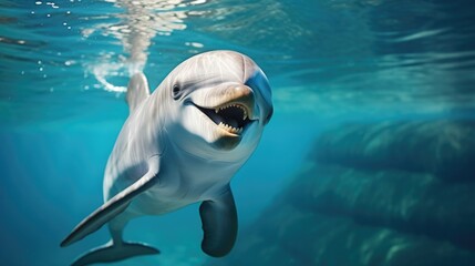 Dolphin in clear blue water with open mouth showcasing teeth, Marine wildlife and underwater ecosystems.