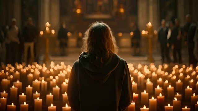 A person stands in front of a candlelit altar, with their head bowed and a small crossshaped candle in their hand. The flickering light of the other candles in the background adds depth and