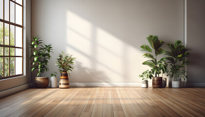 Fototapeta na wymiar Empty room of modern loft with plants on wooden floor