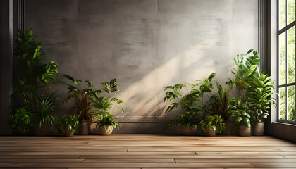 Empty room of modern loft with plants on wooden floor