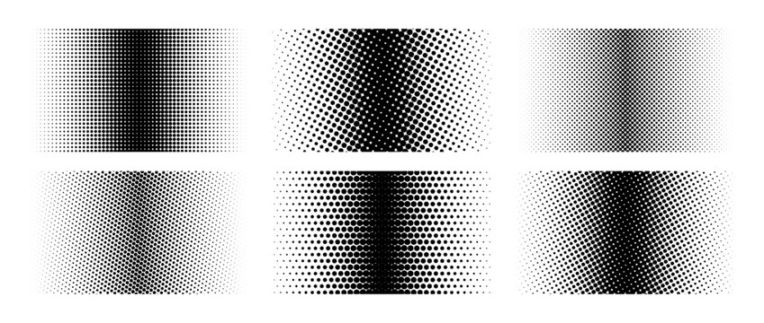 Different halftone gradient backgrounds set. Cartoon dots texture wallpaper collection. Black white comic design cover pack for banner, poster, print. Pop art dotted vector illustration bundle