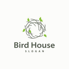 Bird Nest Logo, Bird House Shelter Vector, Modern Line Vintage Design Minimalist Style Symbol Template