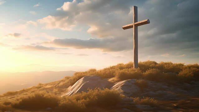 Concept photo of a peaceful hilltop, with the cross as its focal point, bathed in soft golden light from the setting sun, inspiring feelings of hope and tranquility.