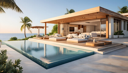 Luxury beach house with sea view swimming pool and empty terrace in modern design.
holiday villa.