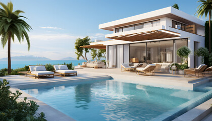 Fototapeta na wymiar Luxury beach house with sea view swimming pool and empty terrace in modern design. holiday villa.