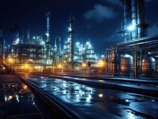 Naklejka premium A long exposure shot capturing the movement of lights and activities in an oil refinery at night.