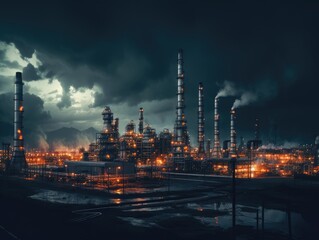 A nighttime aerial view of an oil refinery with pipelines and storage tanks lit up against the dark sky.,no smoke