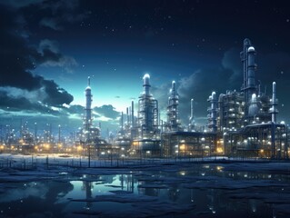A sprawling oil refinery complex illuminated by the glow of industrial lights and flares.