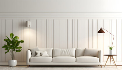 Modern white living room interior image.A blank wall with pure white. Decorate wall with extrude horizon line pattern 