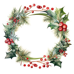 Watercolor Christmas tree and mistletoe wreath. Hand painting realistic vintage round frame with branches, snowberry and leaves isolated on white background.