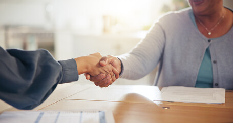 People, handshake and meeting for retirement plan, documents or paperwork in deal or insurance at...