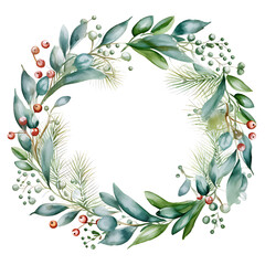 Watercolor Christmas tree and mistletoe wreath. Hand painting realistic vintage round frame with branches, snowberry and leaves isolated on white background.