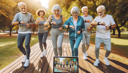 The portrait of elderly individuals using technology to stay fit, presented in a healthy, active lifestyle theme, and formatted with a 16:9 image ratio for a desktop background. - obrazy, fototapety, plakaty