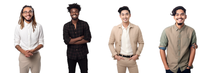 Set of Portrait of young business man happy smiling and standing posing arms crossed, isolated on white background, png