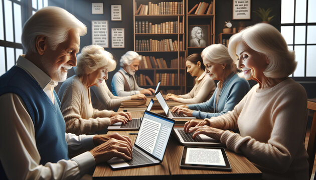 The portrait of elderly individuals participating in online creative writing courses, designed to be inspirational and focused, with a 16:9 image ratio suitable for a desktop background.