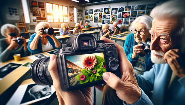 The portrait of elderly individuals learning digital photography, with macro shots of camera displays and senior photographers, in a 16:9 image ratio suitable for a desktop background.