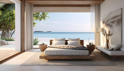 Fototapeta premium Sea view bedroom of luxury summer beach house with double bed near balcony. wooden floor and swimming . holiday pool villa. 