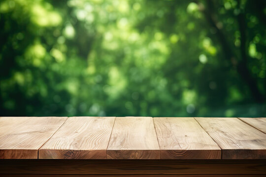 Empty wooden table with blurred green forest background