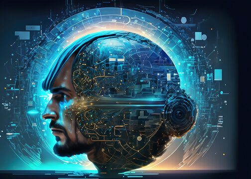  Futuristic digital artwork titled "Echoes of the Wired Sentinels of Cyberspace," featuring a man with cybernetic enhancements against a blue neon background. Ideal for tech blog headers and apps.